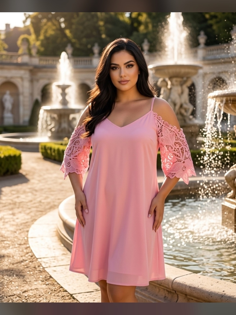 Pink Cold-Shoulder Lace Sleeve Dress Size: M-L
